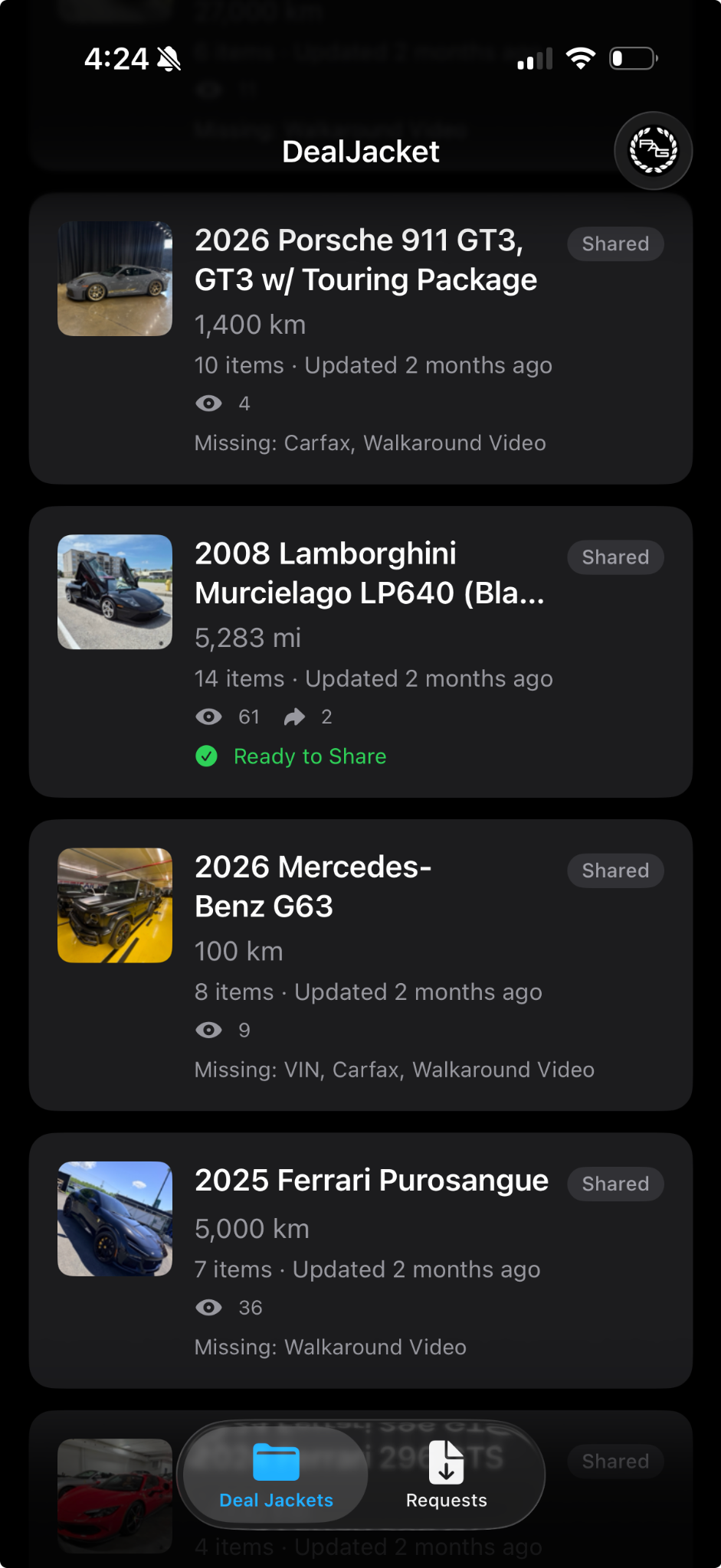 Actual DealJacket home screen showing published vehicle jackets and their view and share counts
