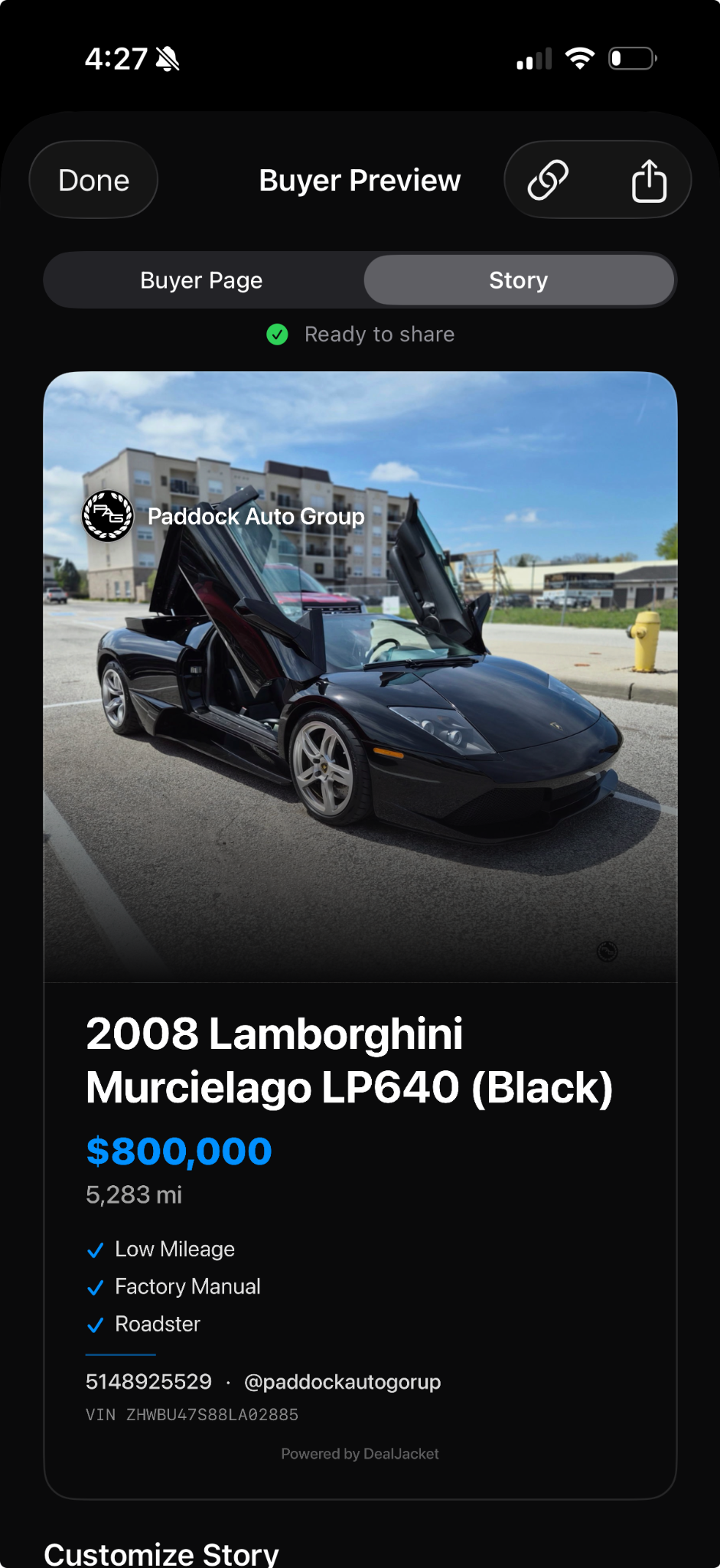Actual DealJacket Story preview for a branded Lamborghini vehicle presentation